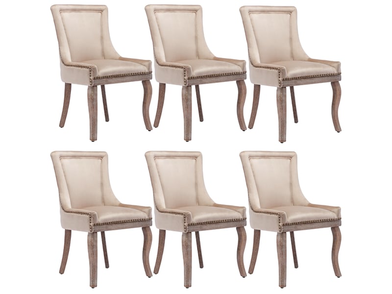  Chaise de salle à manger 6 pièces avec dossier rembourré, clous décoratifs et structure stable en velours beige  - Conforama A