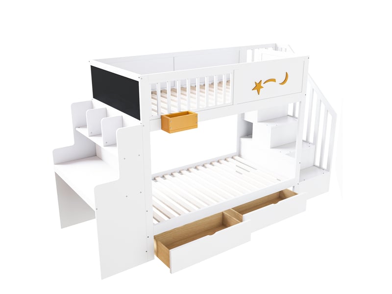  Lit superposé enfant en pin massif blanc 90x200 cm, escalier rangement, bureau, tiroirs et étoiles  - Conforama D