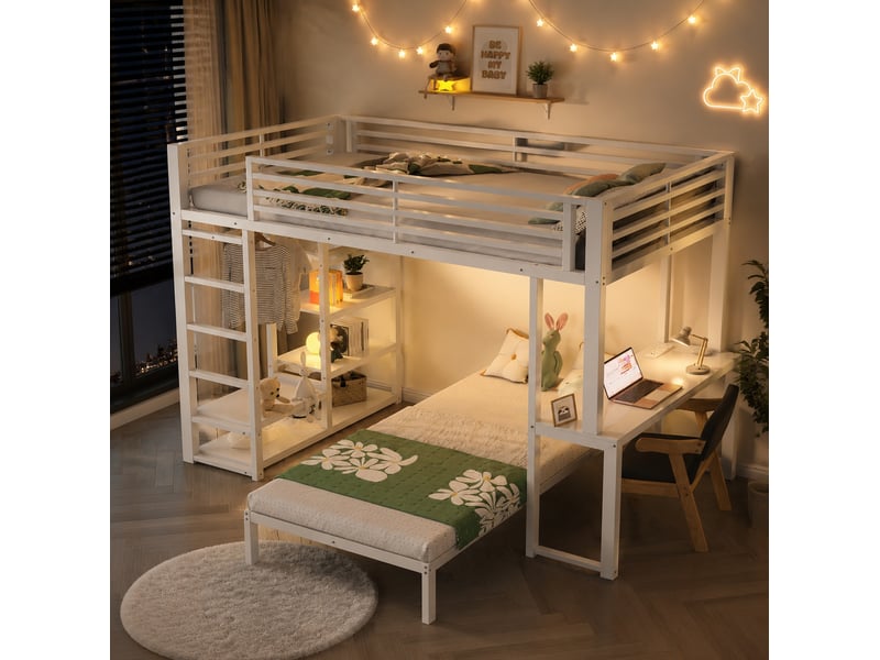  Lit mezzanine tcqpz 90 x 200 cm avec couchage inférieur mobile bureau et rangements blanc  - Conforama D
