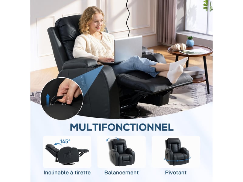  Fauteuil de relaxation massant et chauffant pivotant en pu noir 82x99x103 cm  - Conforama E