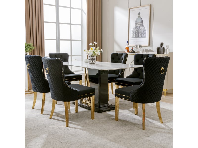  Lot de 6 chaises de salle à manger 50,5x45x95 cm, velours noir, anneau rond décoratif, pieds métalliques dorés  - Conforama D