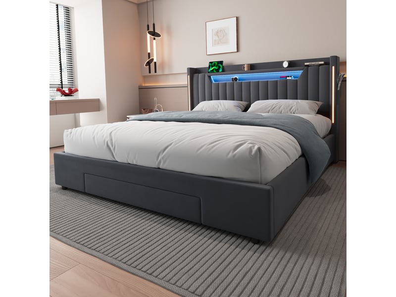  Lit coffre 180x200 cm - lit double - avec tête de lit réglable avec led - en velours - gris foncé - sans matelas  - Conforama D