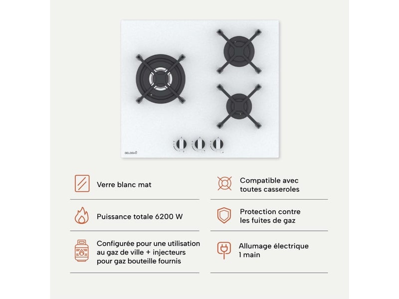  Beldeko plaque gaz 3 foyers 6200 w - verre blanc - brûleur double couronne - grilles en fonte - marque française  - Conforama D