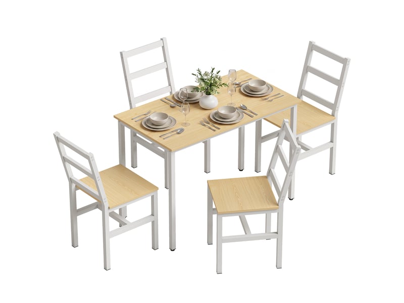  Ensemble table salle à manger avec 4 chaises, table rectangulaire 108 cm, chaises à dossier à lattes, chêne et blanc  - Conforama A