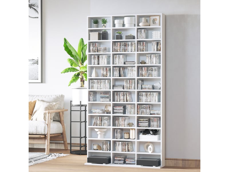  Bibliothèque cd en bois à 3 colonnes et 12 étagères réglables, 102 x 23,5 x 195 cm, blanche  - Conforama C