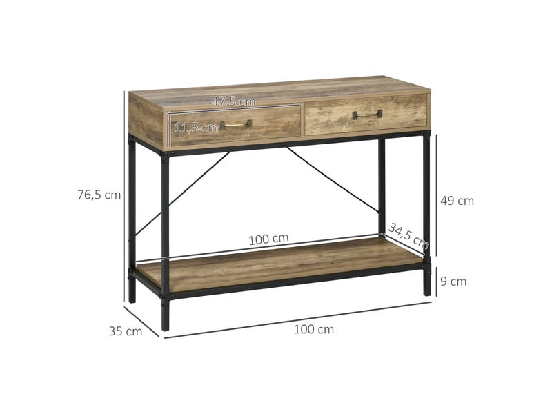  Console table d'entrée, étagère + 2 tiroirs, 100x35x76,5 cm, petits espaces, entréecouloirsalon, marron et noir.  - Conforama E
