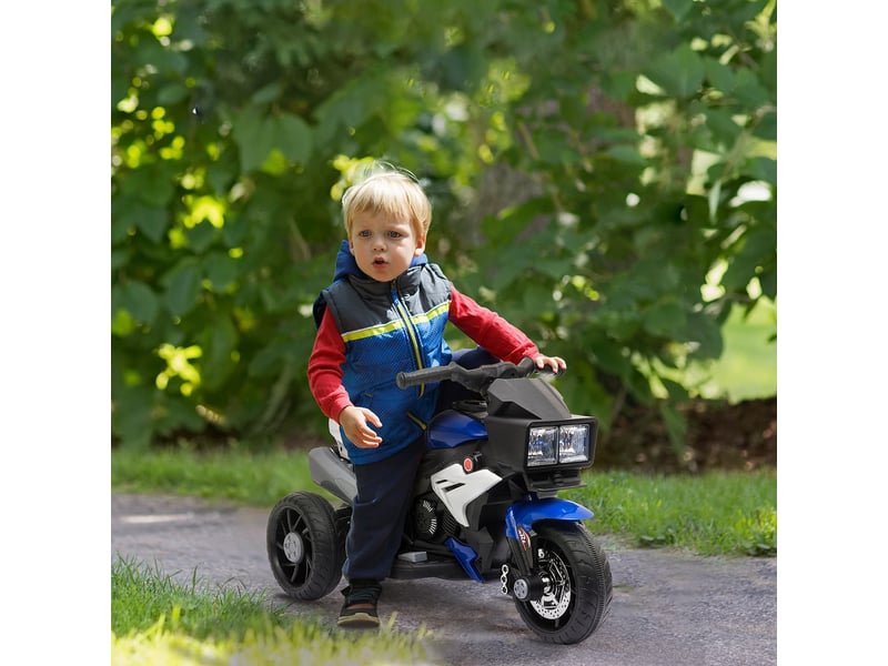  Moto électrique pour enfants avec lumières, klaxon, musique, pneus larges, vitesse de 3 kmh, bleue  - Conforama C