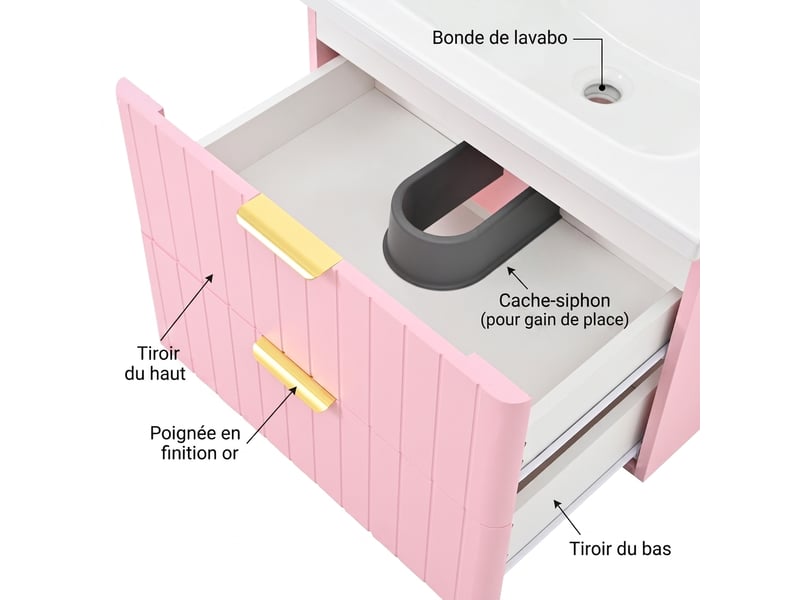  Meuble vasque suspendu rose et blanc 60,5 cm avec vasque en céramique et rangement 2 niveaux  - Conforama E
