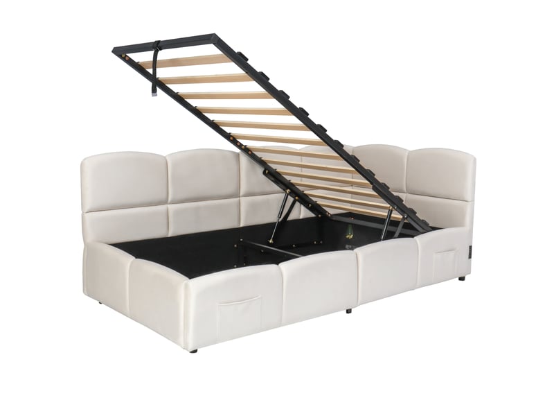  Lit rembourré, lit enfant, lit simple, lit coffre, canapé-lit 90x200 cm, avec sommier à lattes, chargeur usb, sac de rangement, lit junior et lit adulte-enfant, velours, beige (sans matelas)  - Conforama D