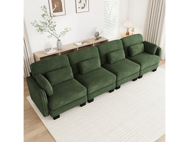  Canapé droit modulable 4 places 330x88x88 cm, forme ergonomique, coussins de soutien, chenille, vert  - Conforama D