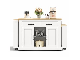 Desserte de cuisine mobile avec 2 tiroirs, plans extensibles, prises et ports usb, blanche, 142 × 55 × 93 cm