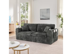 Canapé droit 2 places en tissu chenille noir avec rangement latéral et porte-gobelet intégré pour salon moderne