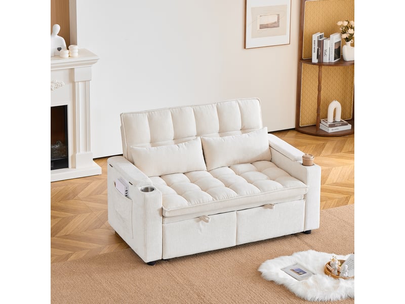  Canapé convertible 2 places 3 en 1 142x89x89 cm avec effet nuage, rangements accoudoirs, porte-gobelets, 2 coussins lombaires, chenille beige  - Conforama C