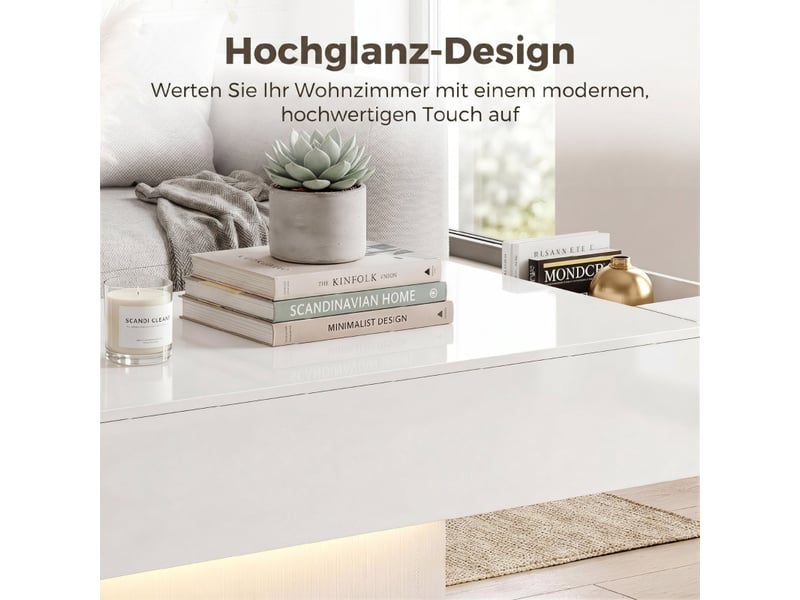  Table basse led avec 2 tiroirs et télécommande pour salon en bois d’ingénierie blanc brillant  - Conforama C