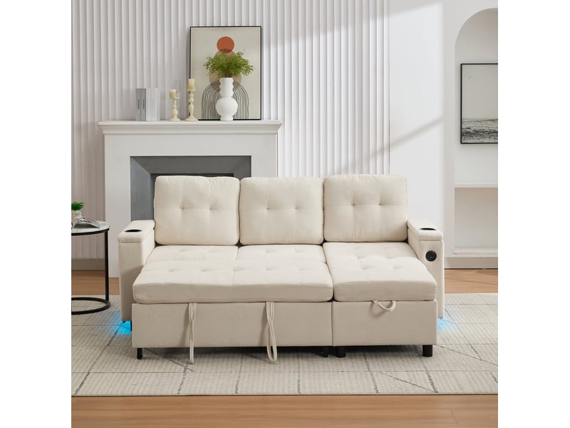 Canapé d'angle convertible treviso 3 places en tissu beige avec led, rangement et ports usb pour le salon - Conforama B