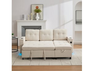 Canapé d'angle convertible treviso 3 places en tissu beige avec led, rangement et ports usb pour le salon