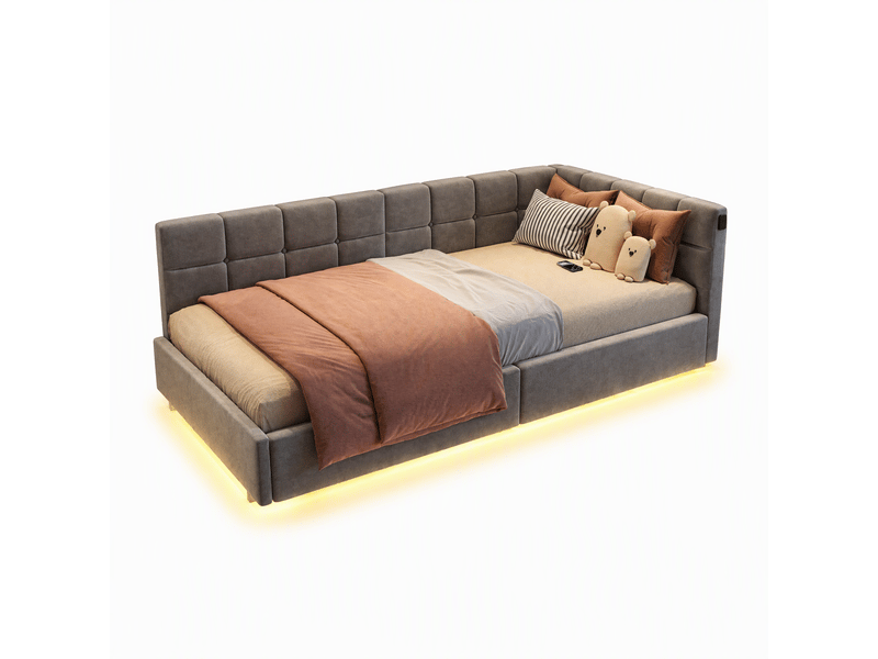  Lit banquette 90x200 cm avec led rgb et usb chargeur, lit jeune avec rangement et tête de lit rembourrée lit simple pour ado avec cadre de lit à lattes gris velours, sans matelas  - Conforama A