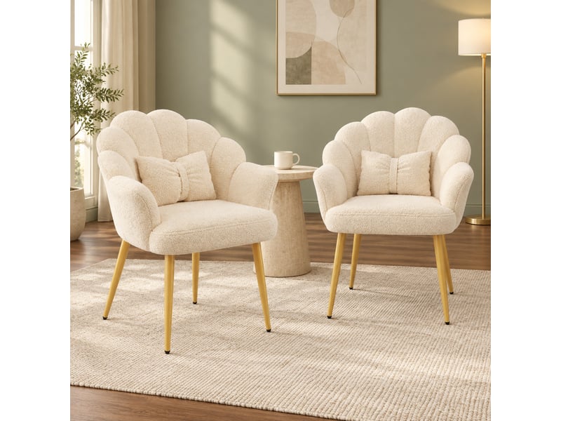  Lot de 2 fauteuils de salle à manger en tissu teddy beige, dossier pétale et pieds dorés  - Conforama D