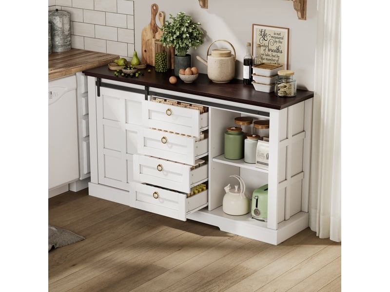  Buffet 150x40x85 cm avec 2 portes coulissantes et 4 tiroirs en mdf blanc  - Conforama C