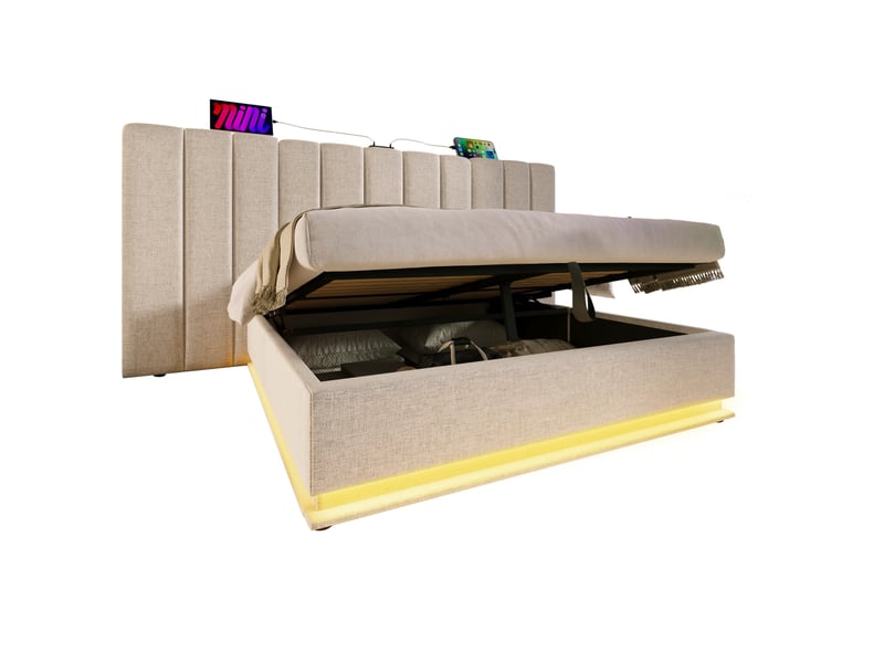  Lit coffre 160 × 200 cm 2 places avec led, 3 usb et type-c, rangement hydraulique, sans matelas, en lin beige  - Conforama A