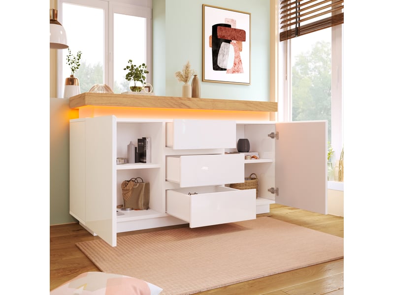  Buffet bas modenvie blanc brillant avec led 140 x 39 x 81 cm, 2 portes et 3 tiroirs  - Conforama B