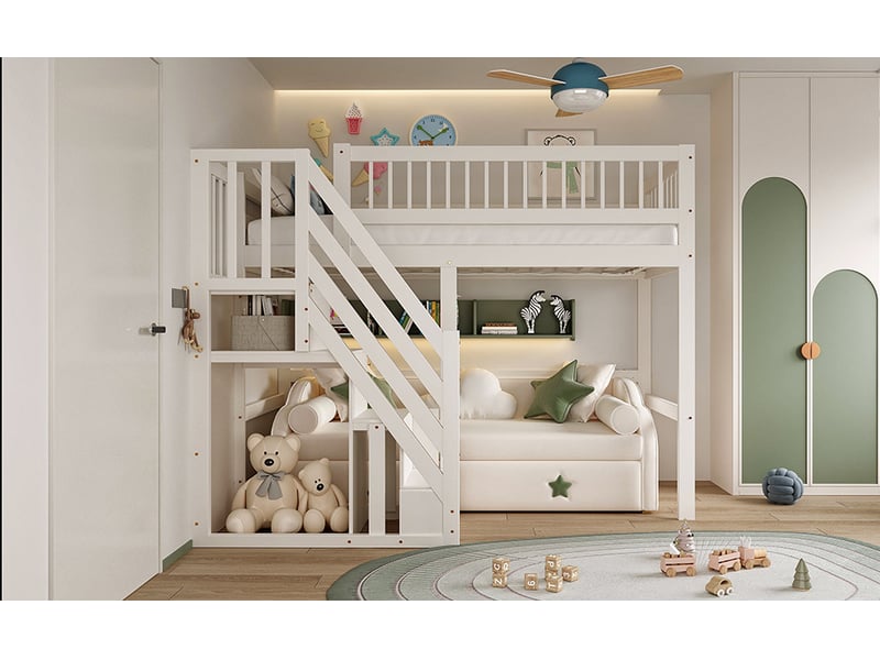  Lit mezzanine 90x200 cm, escalier avec niches de rangement, espace inférieur libre et garde-corps, pin et mdf, blanc  - Conforama B