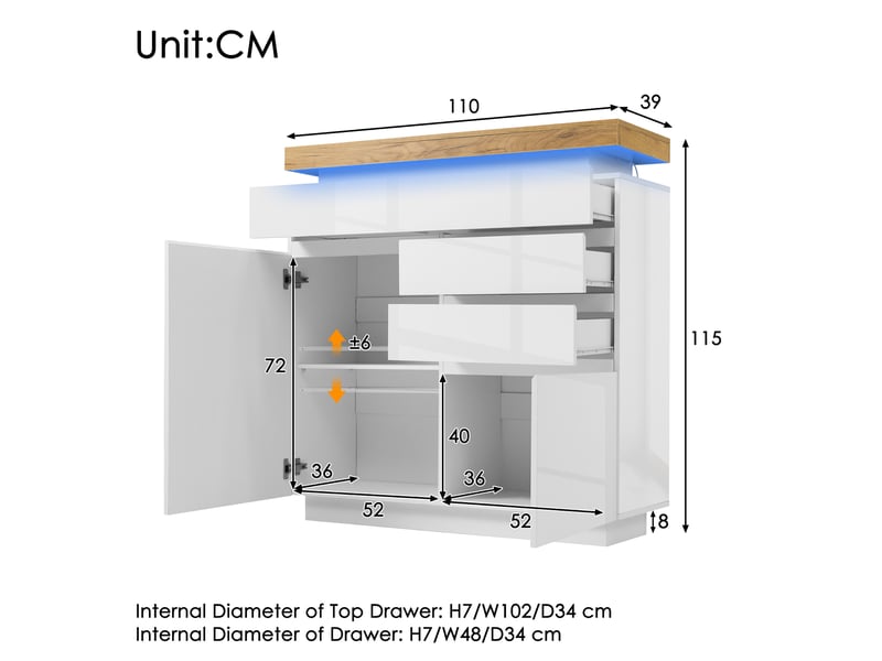  Commode 2 portes et 3 tiroirs avec led brillant blanc 110 x 39 x 115 cm  - Conforama C