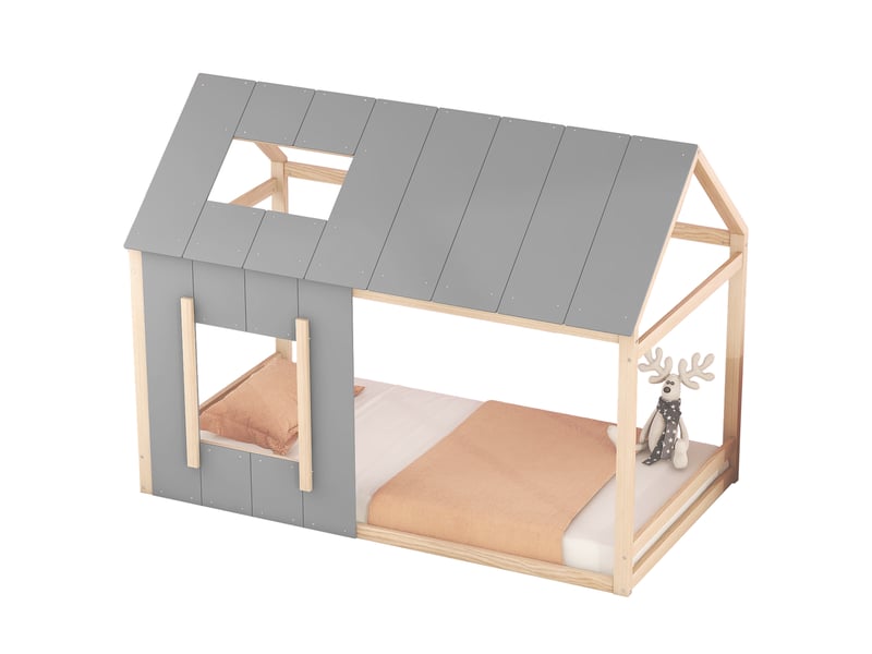 Lit enfant 90x200 cm - lit simple cabane avec fenêtre et toit incliné, bois pin et mdf, sans matelas - naturel - Conforama A