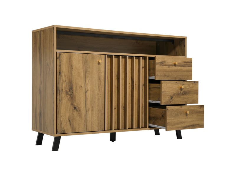  Buffet 2 portes et 3 tiroirs avec façade à lamelles et rangement, 120x40x85 cm, effet chêne foncé  - Conforama D