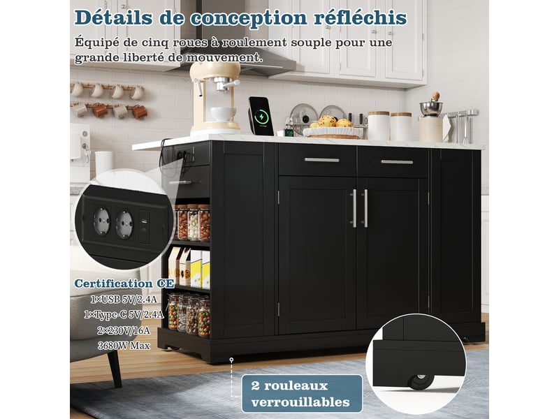  Îlot de cuisine armoire buffet chariot coulissant roulettes deux côtés étagère épices deux portes deux tiroirs noir et marbre  - Conforama B