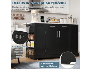 Îlot de cuisine armoire buffet chariot coulissant roulettes deux côtés étagère épices deux portes deux tiroirs noir et marbre