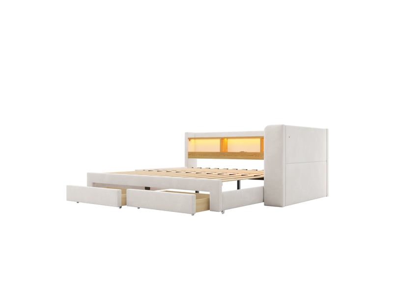  Lit gigogne 90x200 cm extensible avec led et prise en mdf et métal couleur beige sans matelas, design moderne  - Conforama E