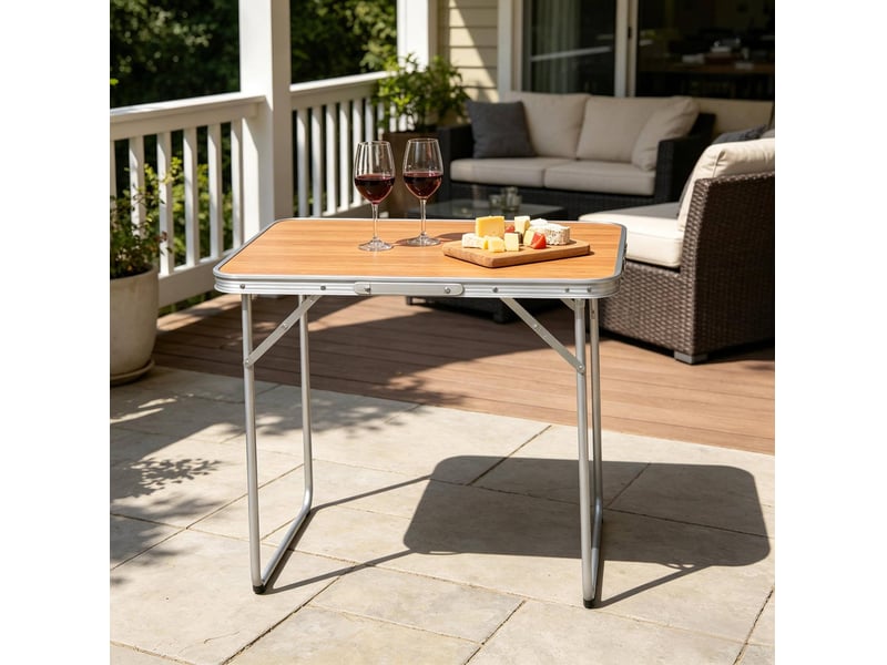  Table de camping pliante 70x50x60 cm chêne, aluminium fer et mdf, portable avec poignée de transport  - Conforama B