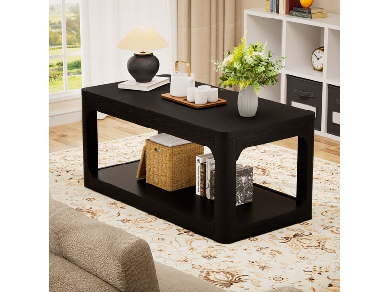  Table basse 100 x 50 cm noire en mdf, 2 niveaux de rangement, plateau 3 cm  - Conforama E