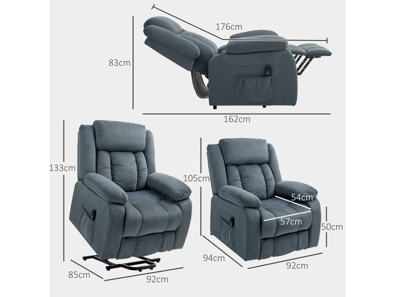  Fauteuil releveur électrique en velours gris avec inclinaison 150 degrés, repose-pieds, télécommande  - Conforama C