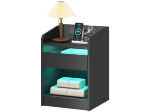 Table de chevet avec station de charge, éclairage led rgb, tiroir, étagère ouverte, ports usb et télécommande, 40 x 40 x 58 cm, noire