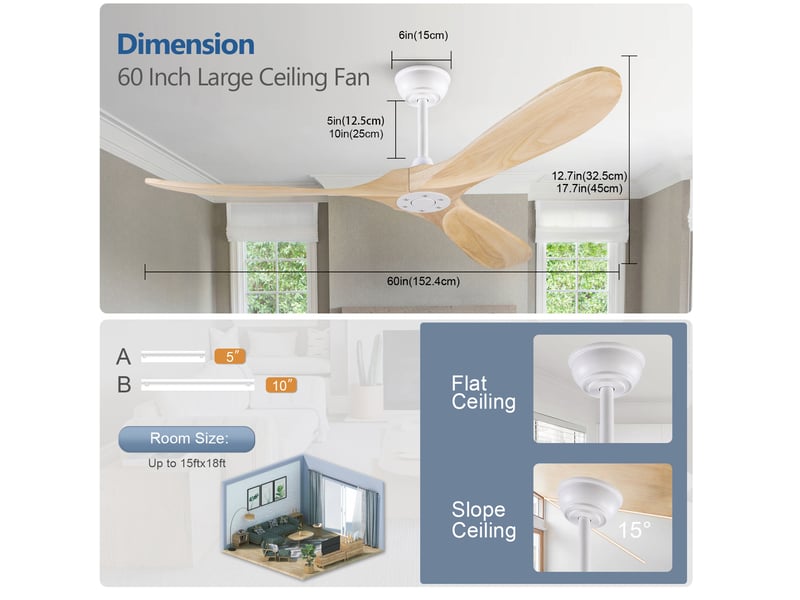  Ventilateur de plafond 152 cm sans éclairage blanc et naturel avec télécommande  - Conforama C
