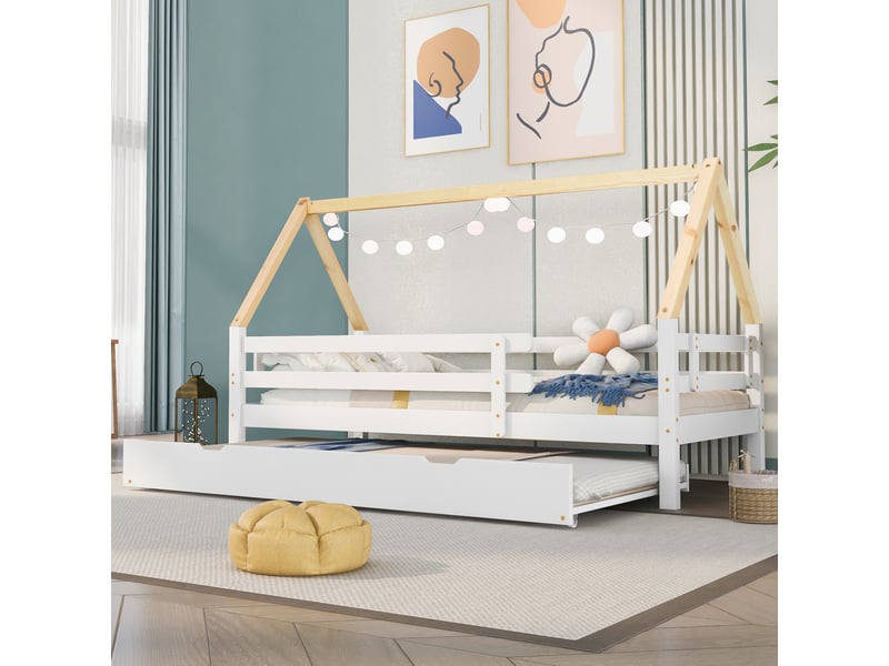  Lit cabane gigogne 90x200 cm avec roulettes bois blanc sans matelas  - Conforama D
