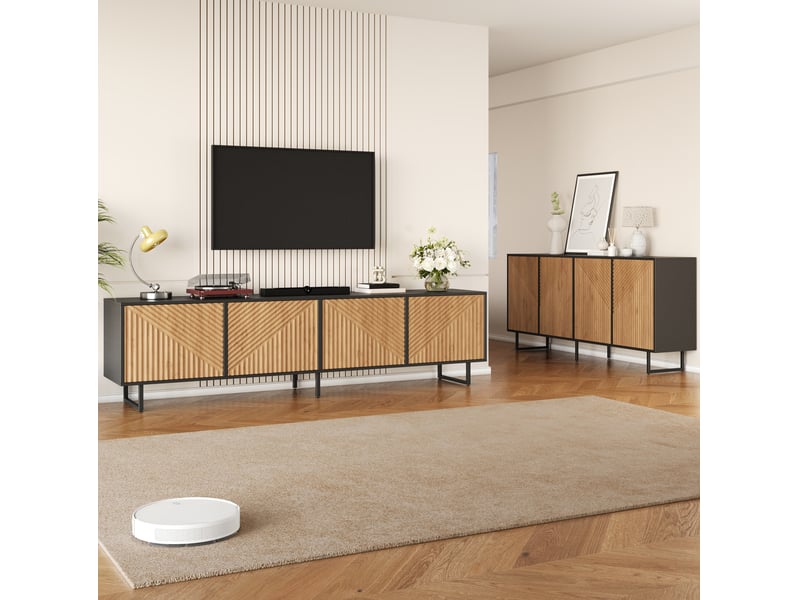 Ensemble meuble tv et buffet 180 x 40 x 50 cm – naturel et noir – 4 portes et rangement pour écran 80 pouces - Conforama E