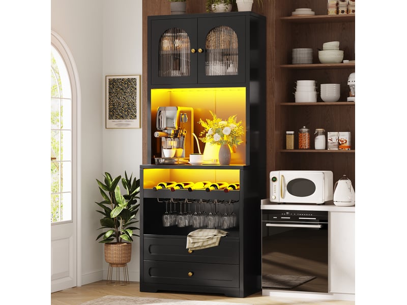  Buffet de cuisine haut à led avec étagères réglables, porte-bouteilles et port usb en mdf noir, 70 × 40 × 180 cm  - Conforama D