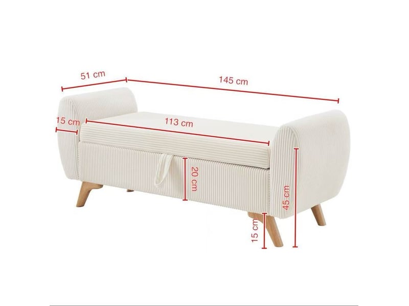  Banc de rangement pliable 145 x 51 x 57 cm en velours côtelé beige, avec pieds en bois  - Conforama C