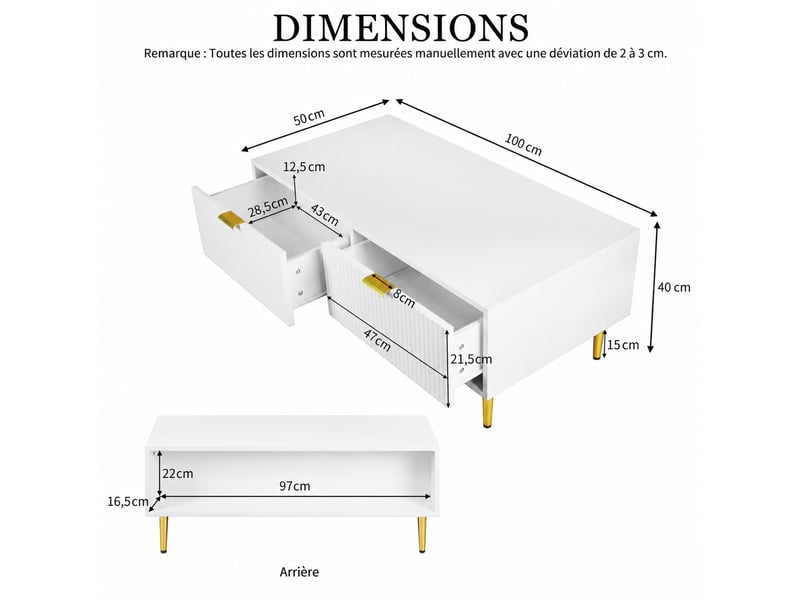  Table basse blanche et dorée, 2 tiroirs rainurés, étagère, 100 x 50 x 40 cm, blanc et doré  - Conforama E