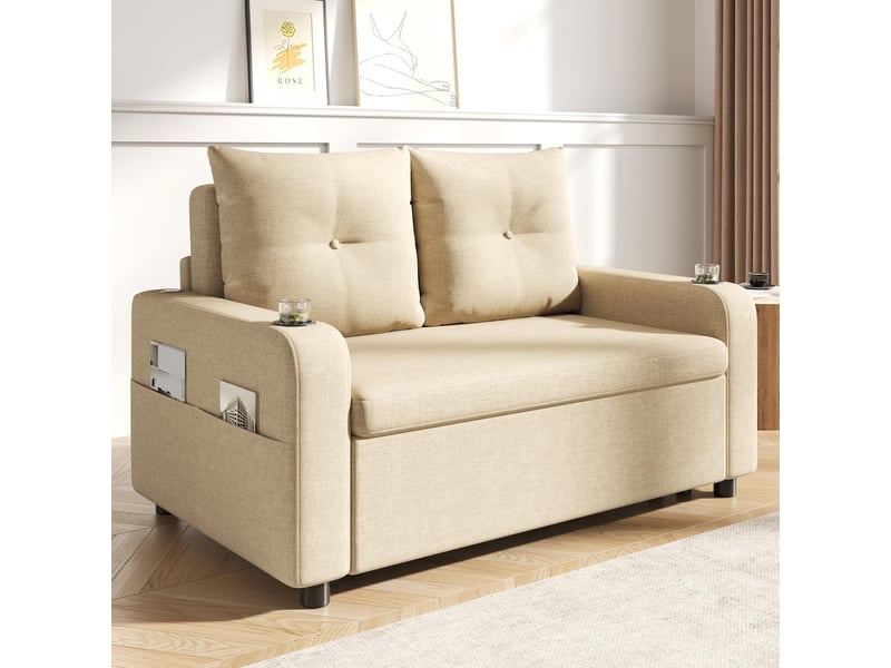  Canapé convertible 2 places - 131x81x94cm - canapé double 3 en 1 en tissu avec usbtype-c, porte-gobelets &amp; poches - beige  - Conforama B