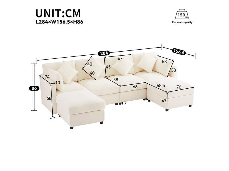  Canapé d’angle modulaire convertible en chenille beige avec 2 poufs - 284 x 156,5 x 86 cm  - Conforama E