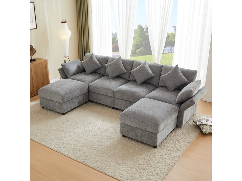Canapé modulaire en chenille gris avec 2 poufs, accoudoirs réglables et 6 coussins - Conforama C