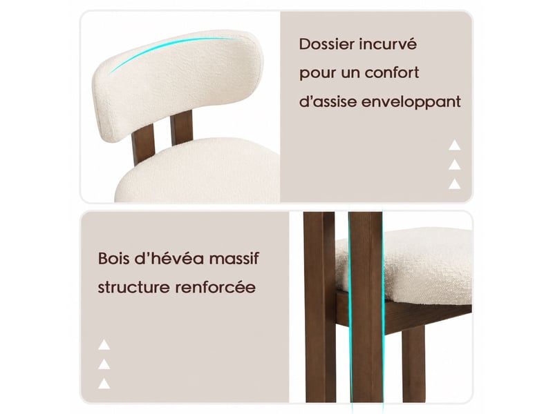  Chaise de salle à manger en bois d'hévéa massif tissu bouclé, dossier ergonomique incurvé, style nordique moderne  - Conforama B