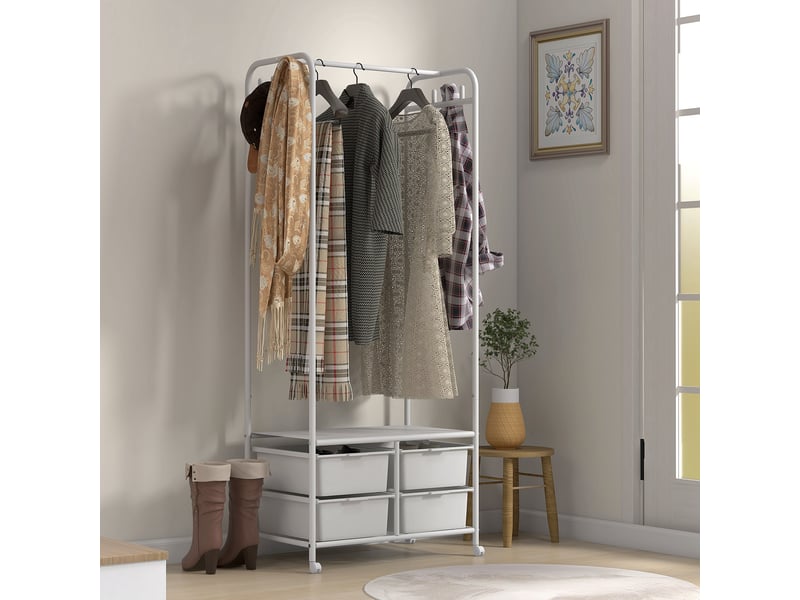  Porte-manteau à roulettes pour entrée, avec 8 crochets, 4 paniers à chaussures et structure en acier, 63 x 37 x 153 cm, blanc  - Conforama D