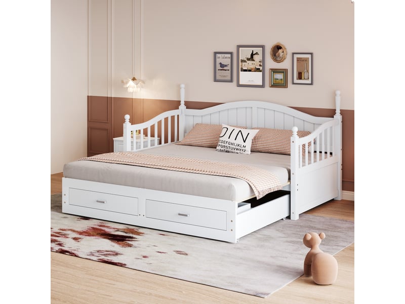  Lit gigogne 2 places 90180x190 cm, canapé-lit convertible en bois massif avec tiroirs et sommier, lit double en pin, blanc  - Conforama D