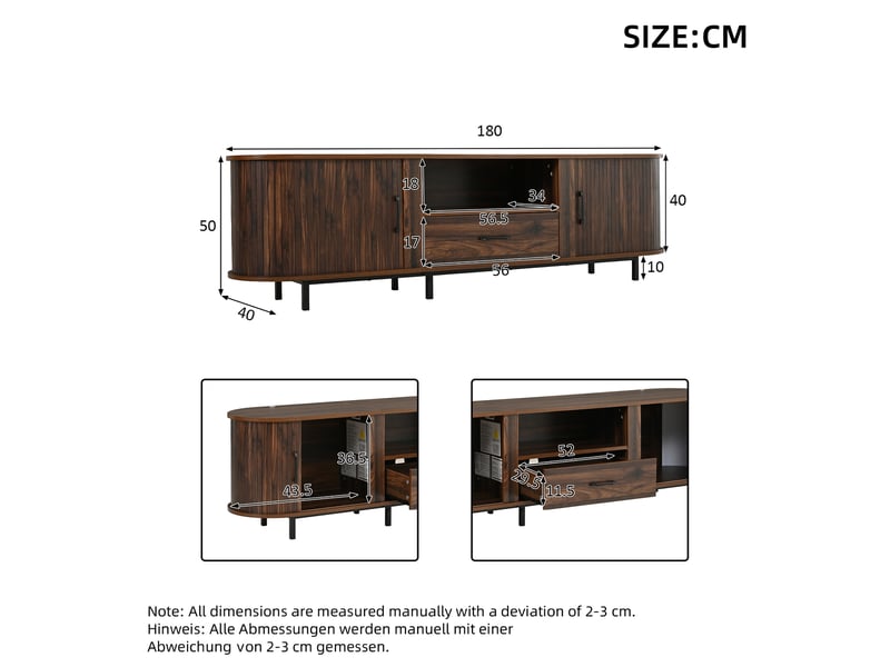  Meuble tv 180 cm pour écran jusqu’à 75 pouces, 2 portes coulissantes rainurées, 1 tiroir, 2 niches ouvertes, coins arrondis, pieds métal, effet noyer  - Conforama D