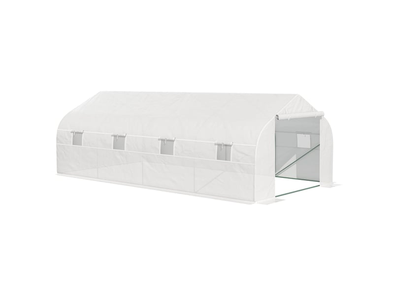  Serre tunnel de jardin 18 m² dim. 5,95l x 3l x 2h m porte + 8 fenêtres enroulables acier galvanisé bâche pe haute densité blanc  - Conforama A